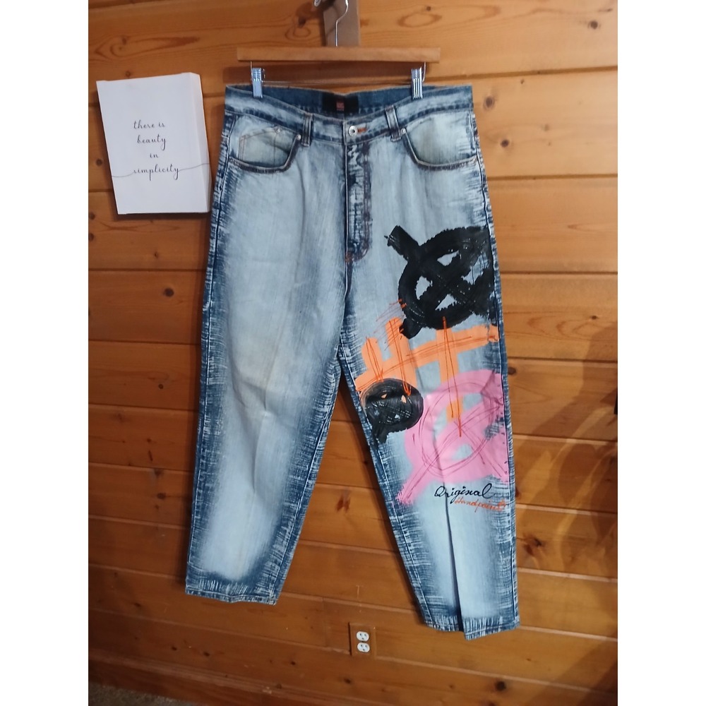 Vintage BoomX‎ Hand Painted Baggy Loose Fit Jeans Men's 36 x 34 Blue Denim